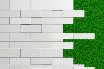 Texture of slabs of different sizes of rough concrete laid on a green lawn. 3d illustration