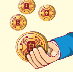 hand with bitcoin coins over yellow background, colorful design. vector illustration