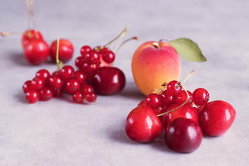 Summer bright berries and fruits on a gray concrete background. The concept of raw food, vegetarianism, healthy eating.
