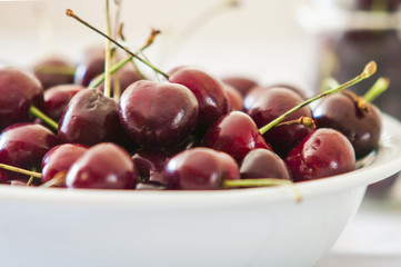 Fresh ripe bird cherries close up shot