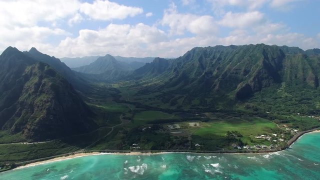 aerial shot of Hawaii valley. Kaaawa valley, Kualoa Ranch