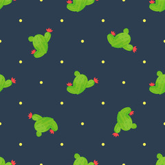 Seamless pattern of abstract cacti with dots on dark background. Vector.
