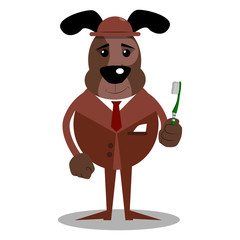 Cartoon illustrated business dog holding toothbrush.