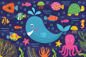 Naklejka premium zwierzęta morskie w morzu - ilustracja wektorowa eps