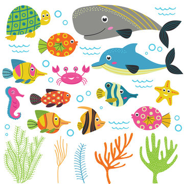 set of isolated with marine animals part 2 -  vector illustration, eps