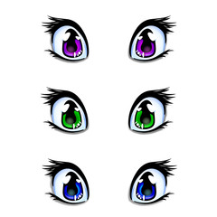 Set of manga, anime style eyes in green, blue and lilac colors