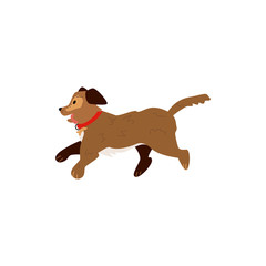 Flat style cute dog animal running, walking sticking out tongue side view icon. Funny hand drawn puppy pet. Domestic adorable brown character, design element. Vector illustration isolated.