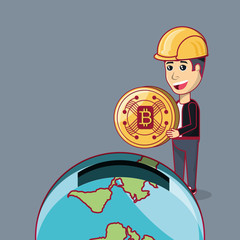 cartoon man holding a bitcoin and earth planet in moneybox shape over gray background, colorful design. vector illustration