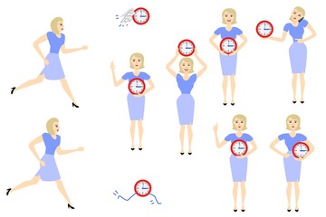 Businesswoman and time management, deadline concept set. Female characters, manager office worker hurry, chasing for flying clock holding watches in hands, calling phone, gestures. Vector illustration