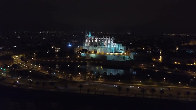 Aerial fottage of Catedral de Santa Maria de Palma de Mallorca at night