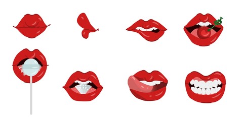 Female lips set of different gestures isolated on white background. Woman s mouth with kiss, cherry, tongue, lollipop and smile. Girl lips showing various emotions vector illustration.
