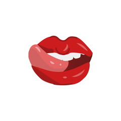 Woman mouth with sexy lips open, white teeth and sticking out tongue. Red lipstick makeup glamour fashion style glossy sensual kiss symbol. Isolated vector illustration on a white background.