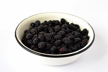 Fresh mulberry in the enameled bowl