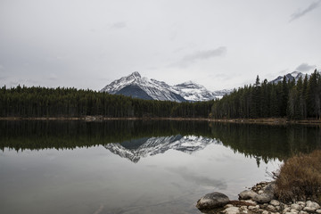 Spectacular Magical reflections of the Canadian Rockies in the still waters of a pristine small Canadian lake – The Herbert Lake – surrealistic  super wide panoramic image