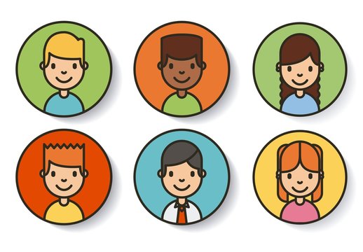 Colorful Cartoon Diverse Children Avatar Icons Set