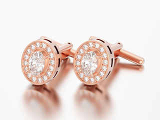 3D illustration two rose red gold metal chrome diamond cufflinks stud