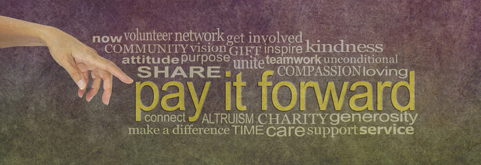 Pay it forwards grunge style word tag cloud - female hand pointing at the words PAY IT FORWARD...