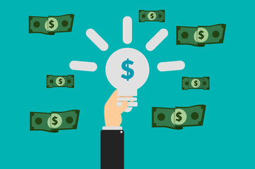 Millionaire idea. Light bulb on, a great idea generates profits for its creator. It rains money in cash. Finance concept.