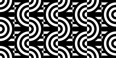 Seamless pattern with circles and striped black white straight lines. Optical illusion effect. Geometric tile in op art style. Vector illusive background for cloth, textile, print, web.