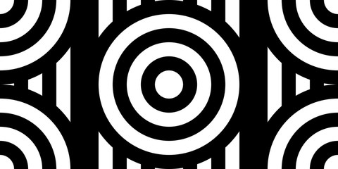 Seamless pattern with circles and striped black white straight lines. Optical illusion effect. Geometric tile in op art style. Vector illusive background for cloth, textile, print, web.