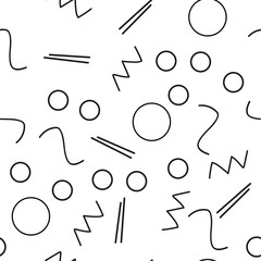 Seamless minimalist pattern. Geometric background with shapes, lines. Black and white color. Retro style 80s-90s.