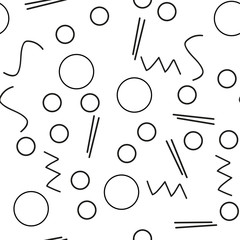 Seamless minimalist pattern. Geometric background with shapes, lines. Black and white color. Retro style 80s-90s.
