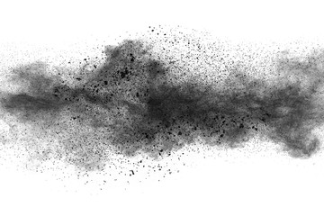 Black powder explosion against white background.Closeup of black dust particles explode isolated on white background. - obrazy, fototapety, plakaty