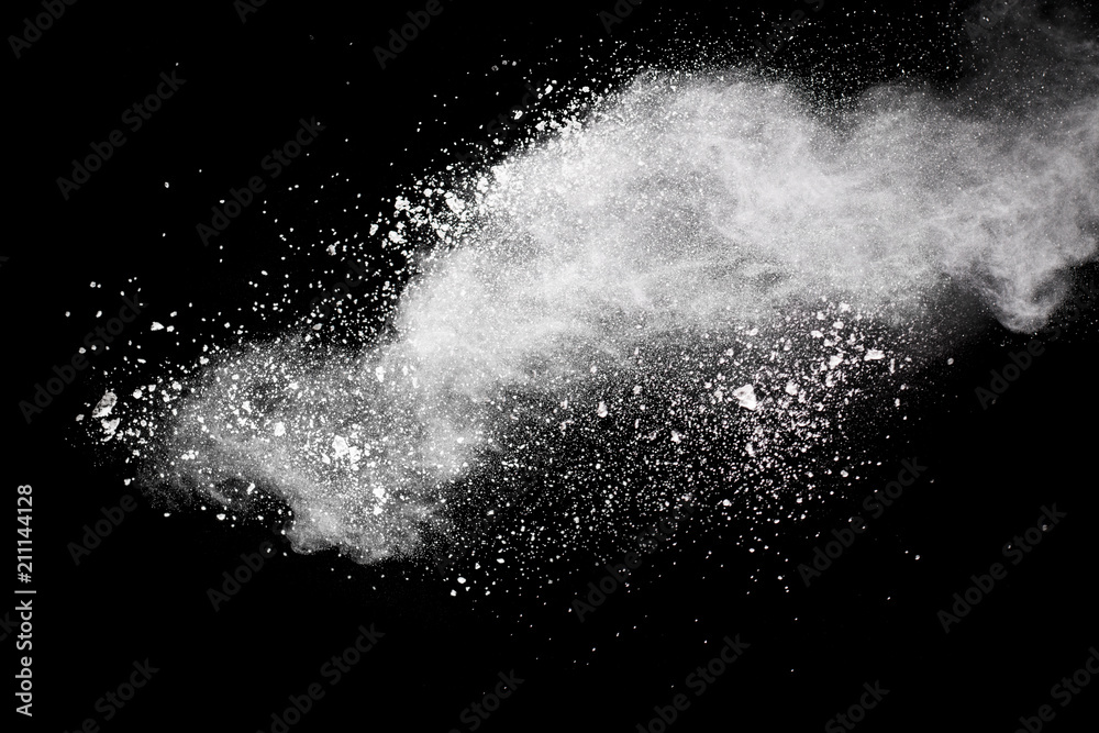 Wall mural bizarre forms of white powder explosion cloud against dark background. launched white particle splas
