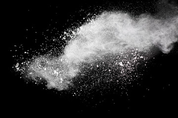 Bizarre forms of  white powder explosion cloud against dark background. Launched white particle...