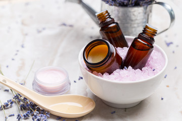 lavender body care products. Aromatherapy, spa and natural healthcare concept