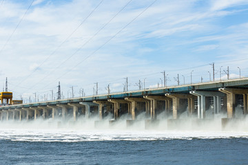 Fototapeta na wymiar Hydroelectric power station. Water dumping. Volgograd, Volga river, Russia