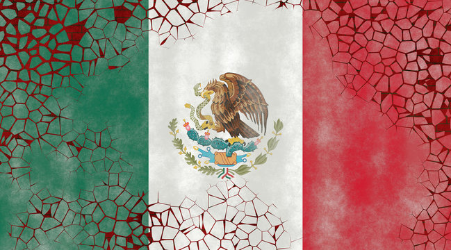 Illustration of a Mexican Flag, imitating of a painting on the old wall with cracks