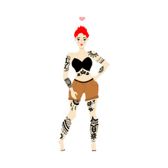 Tattooed girl with red hair standing in shorts. Body positive concept. Young female character, adult woman portrait with abstract tattoo. Vector flat isolated illustration.