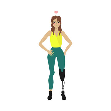 Sad sportive girl with leg prosthesis handicap. Body positive concept. Female athlete disabled character. Vector flat isolated illustration