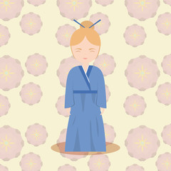 Cartoon asian girl wearing a kimono over pink and yellow floral background, colorful design. vector illustration