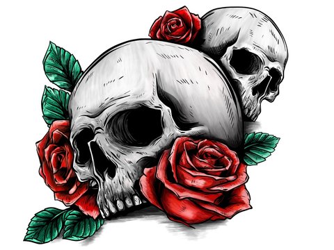 Disegno di una tatuaggio con dei teschi e delle rose di contorno
