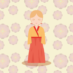 Cartoon asian girl wearing a kimono over pink and yellow floral background, colorful design. vector illustration
