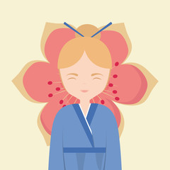 Cartoon asian girl wearing a kimono over pink blossom and yellow background, colorful design. vector illustration