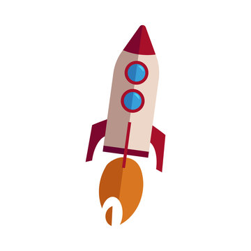 Flat taking off rocket icon. Silver red colored spaceship, space transportation. Space shuttle, symbol of science, cosmos, space exploration, business startup creativity. Vector isolated illustration