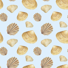 Seamless pattern with seashells. Hand drawn watercolor illustration