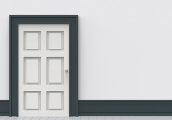3d rendering. white wood door on luxury pattern white wall background.