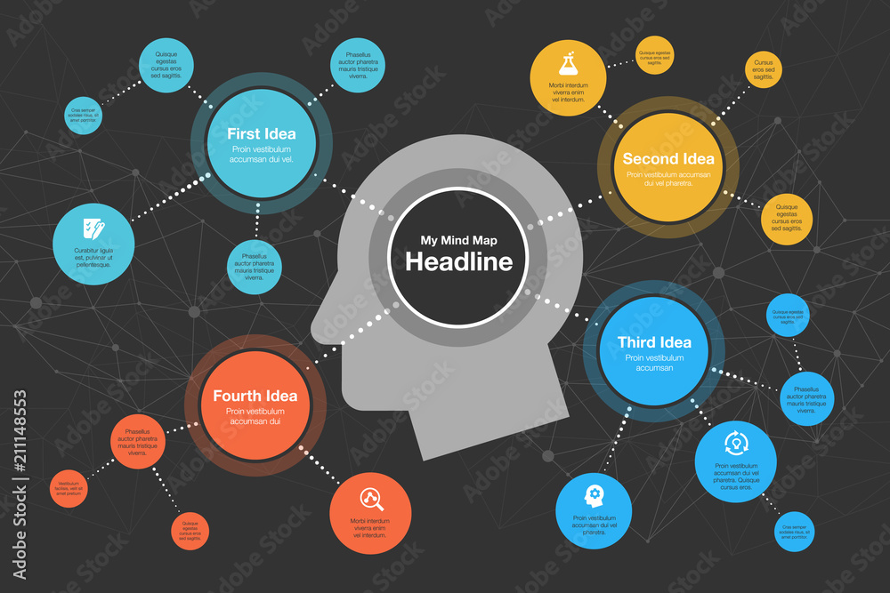Fototapete vector infographic for mind map visualization template with colorful circles and several icons, isol