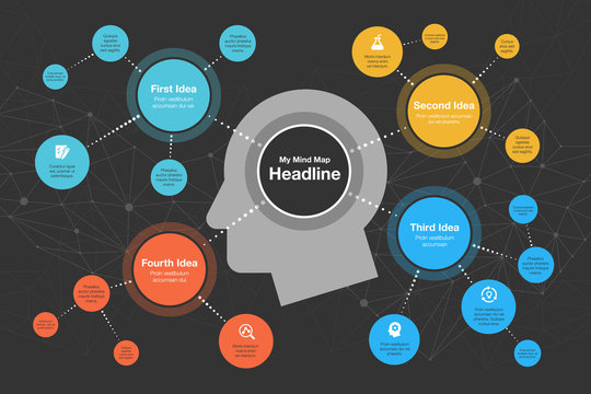 Vector infographic for mind map visualization template with colorful circles and several icons, isolated on dark background. Easy to use for your website or presentation.