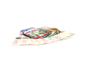 Obraz na płótnie Canvas British pound, oyster card and credit card on white background.