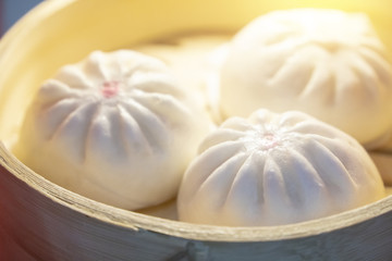 The steam buns in the bamboo basket.The Chinese traditional food.