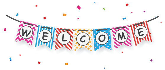 Welcome sign with confetti