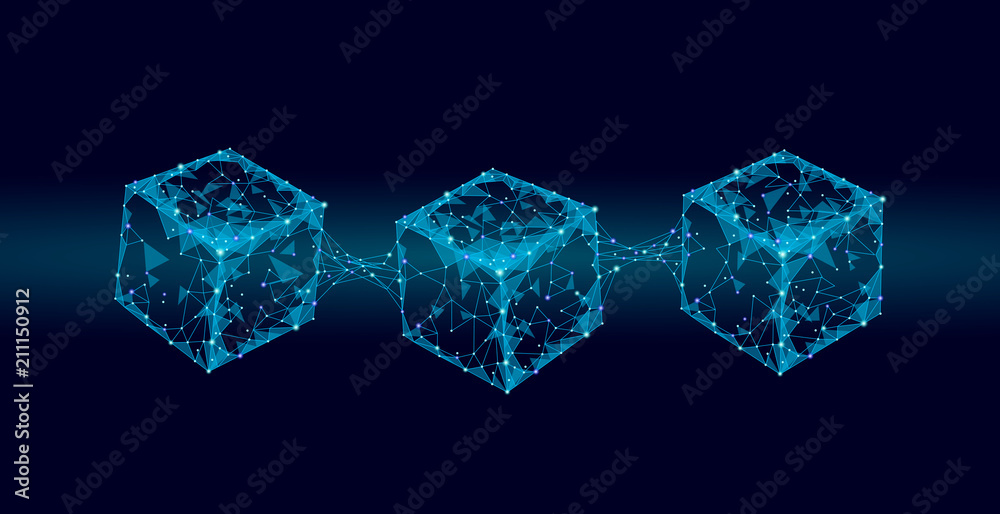Wall mural blockchain cube chain symbol on square code big data flow information. blue neon glowing modern tren