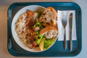Traditional Icelandic grilled red fish, rice and salad, Iceland