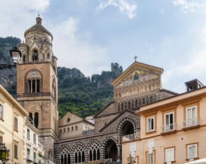 Fototapeta na wymiar Beautiful view of Piazza Duomo and Amalfi Saint Andrew's Cathedral, Campania, Italy
