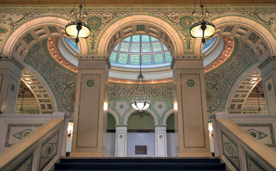 Chicago, Illinois, USA - June 22, 2018 - View of the interior and of the dome at the Chicago Cultural Center. - obrazy, fototapety, plakaty